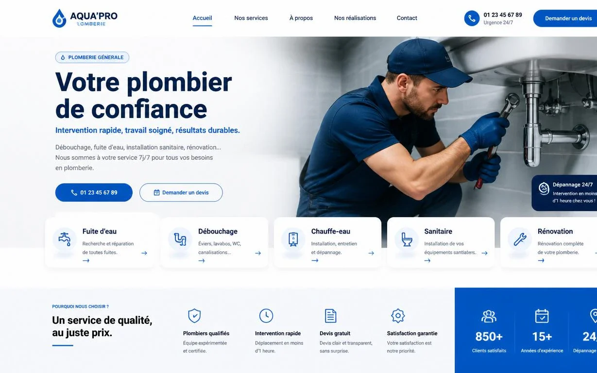 Page d’accueil d’un site de plombier.
