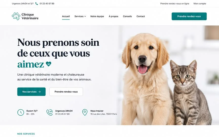 Page d’accueil d’une clinique vétérinaire.
